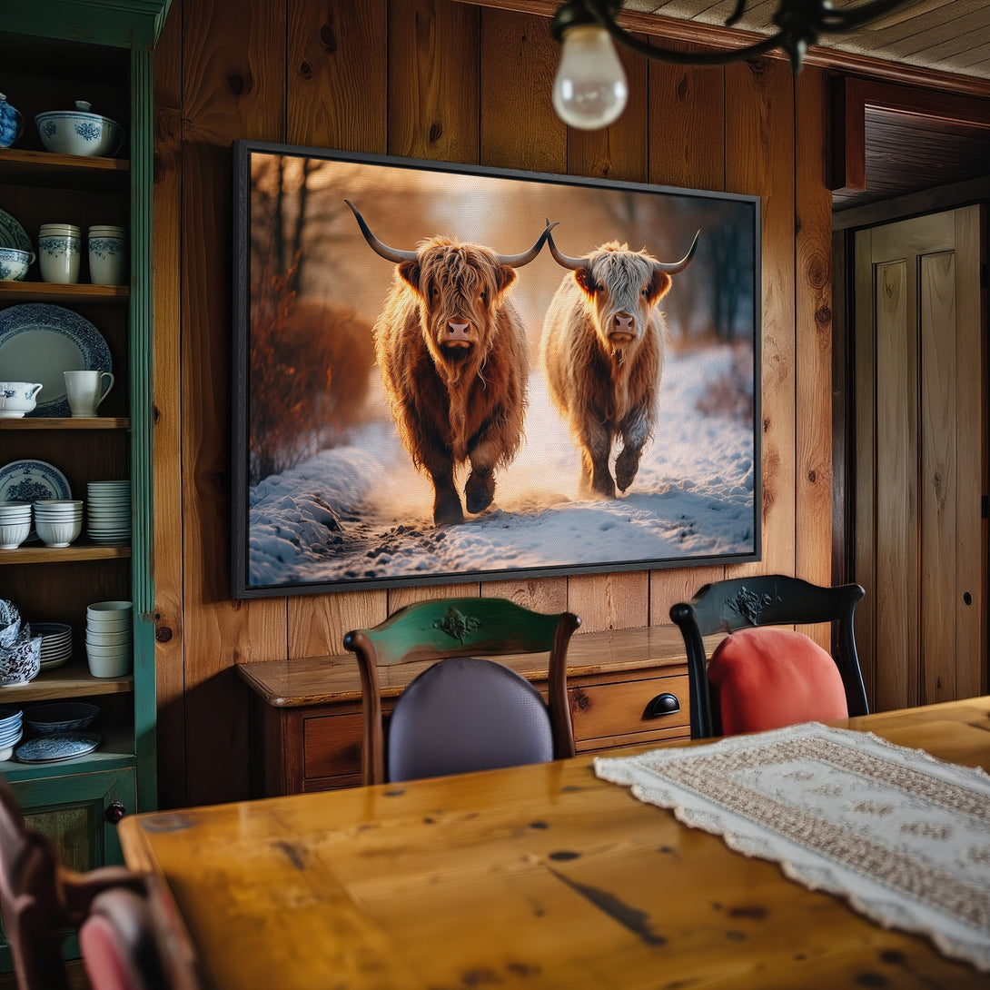 Framed Wall Art featuring Highland cows in a snowy landscape. Warm, rustic tones. Perfect for adding a touch of nature to your home.