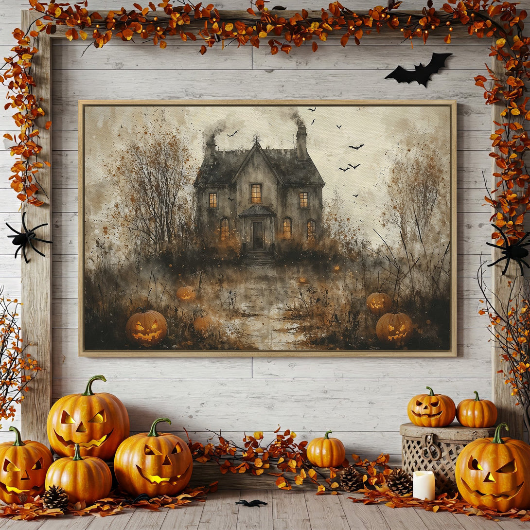 Framed Wall Art: Spooky Halloween haunted house painting in muted browns & oranges. Perfect fall decor for a festive, cozy vibe.