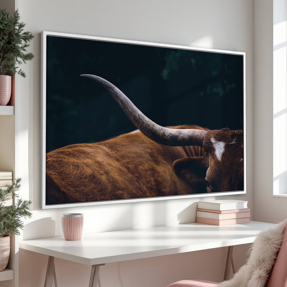 Framed Wall Art: Close-up of a longhorn cow in warm brown tones. Rustic style canvas print adds a touch of nature to any space.