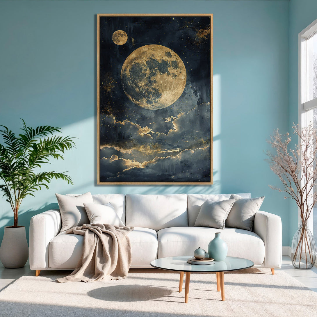 Framed Wall Art featuring a stunning moon and cloudscape in a dark blue and gold palette. Elevate your space with this celestial Canvas Print.