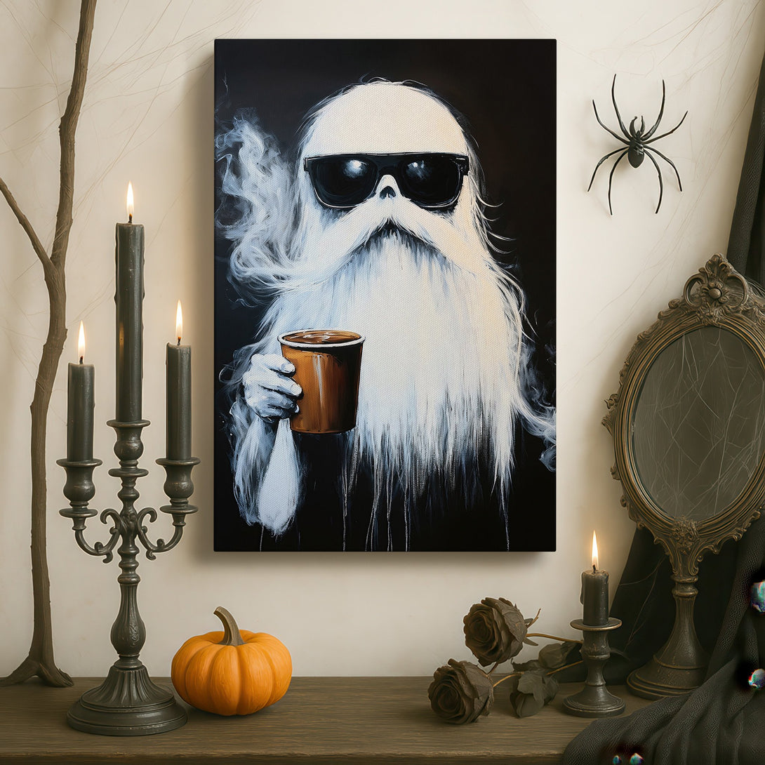 Framed Wall Art featuring a cool bearded man with coffee, in black and white, displayed in a luxurious interior with warm tones.