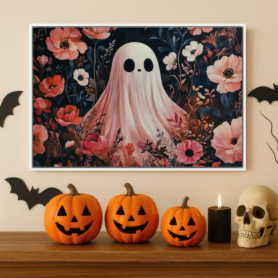 Framed Wall Art: Whimsical ghost in floral garden, pink & dark blue palette. Perfect Halloween decor! Canvas Print available.