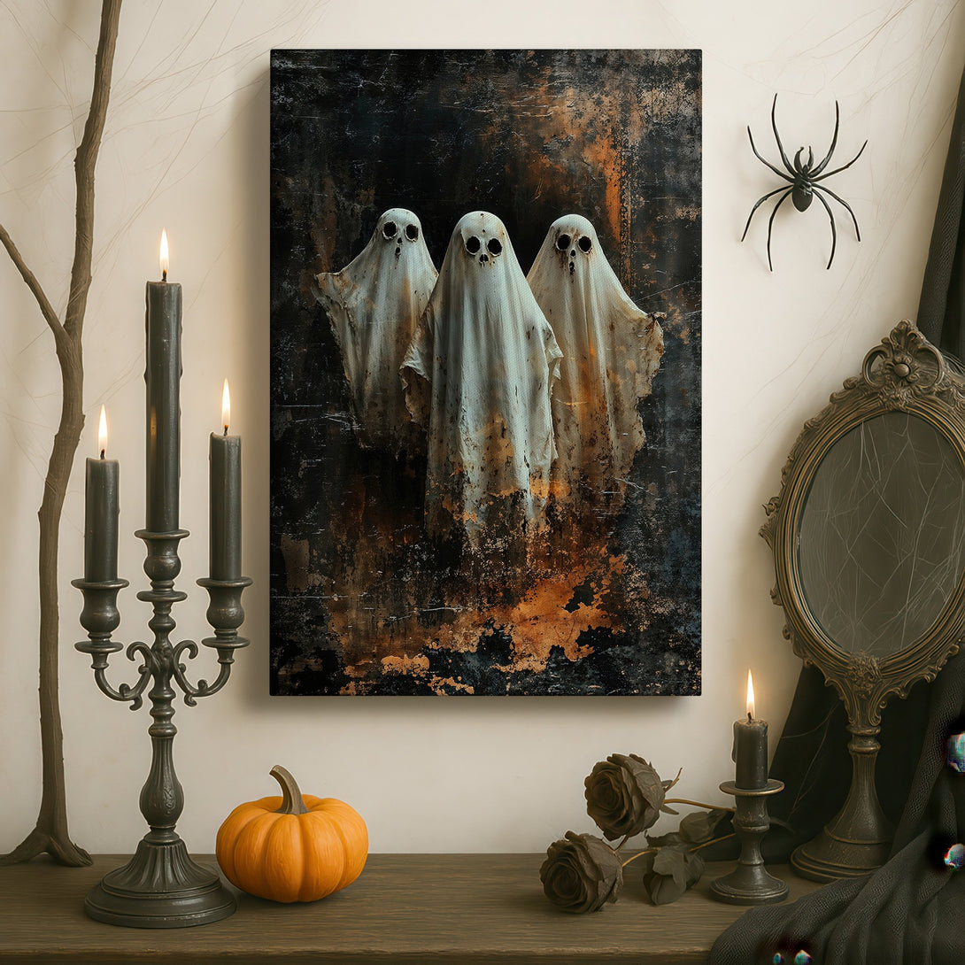 Framed Wall Art: Spooky ghost painting in a dark, gothic interior. Features a dramatic black, white, and gold color palette, perfect for Halloween decor.