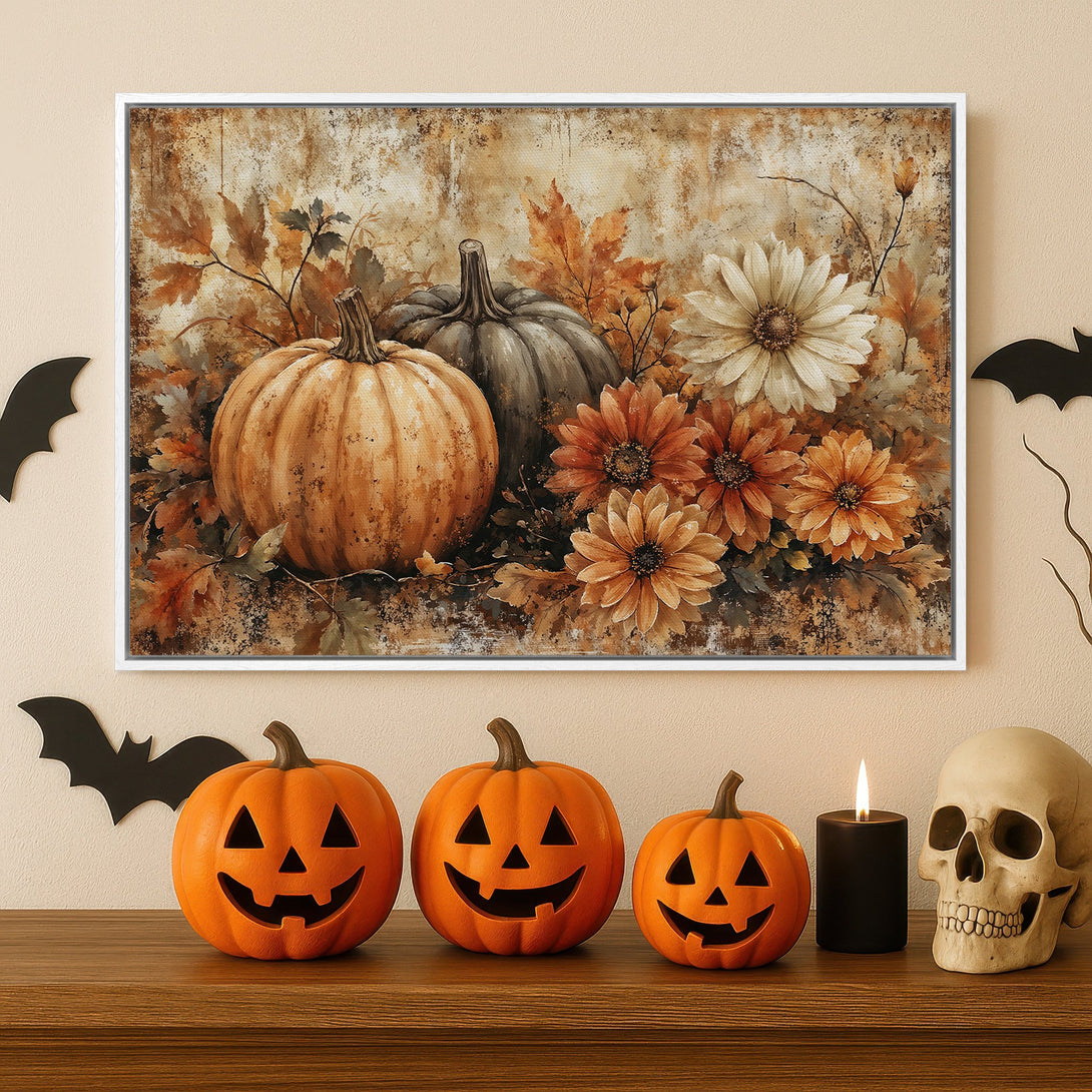 Framed Wall Art: Autumnal pumpkins & flowers in warm orange & brown tones. Perfect fall decor for your home. Shop now!