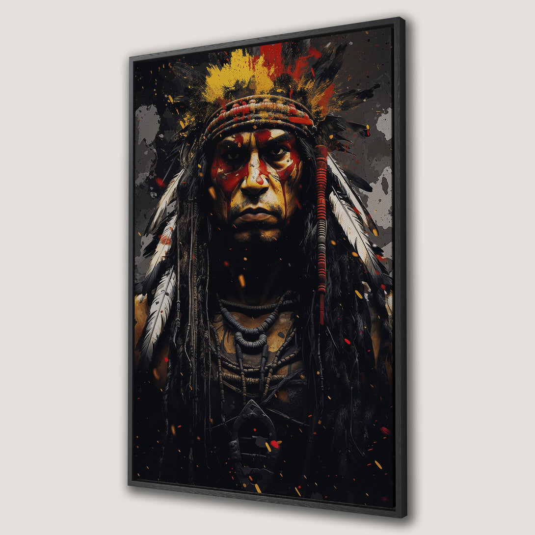 Framed Wall Art: Powerful Native American portrait in vibrant red, yellow, and black. Abstract art style, perfect for adding a bold statement to any space.