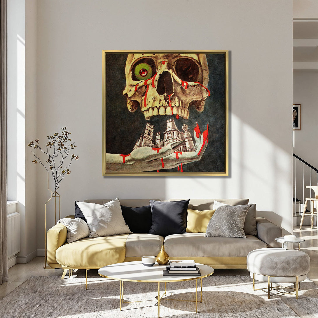 Canvas Print: Spooky skull art with a vintage, macabre style. Features a dark, moody color palette with red accents, perfect for Halloween decor.