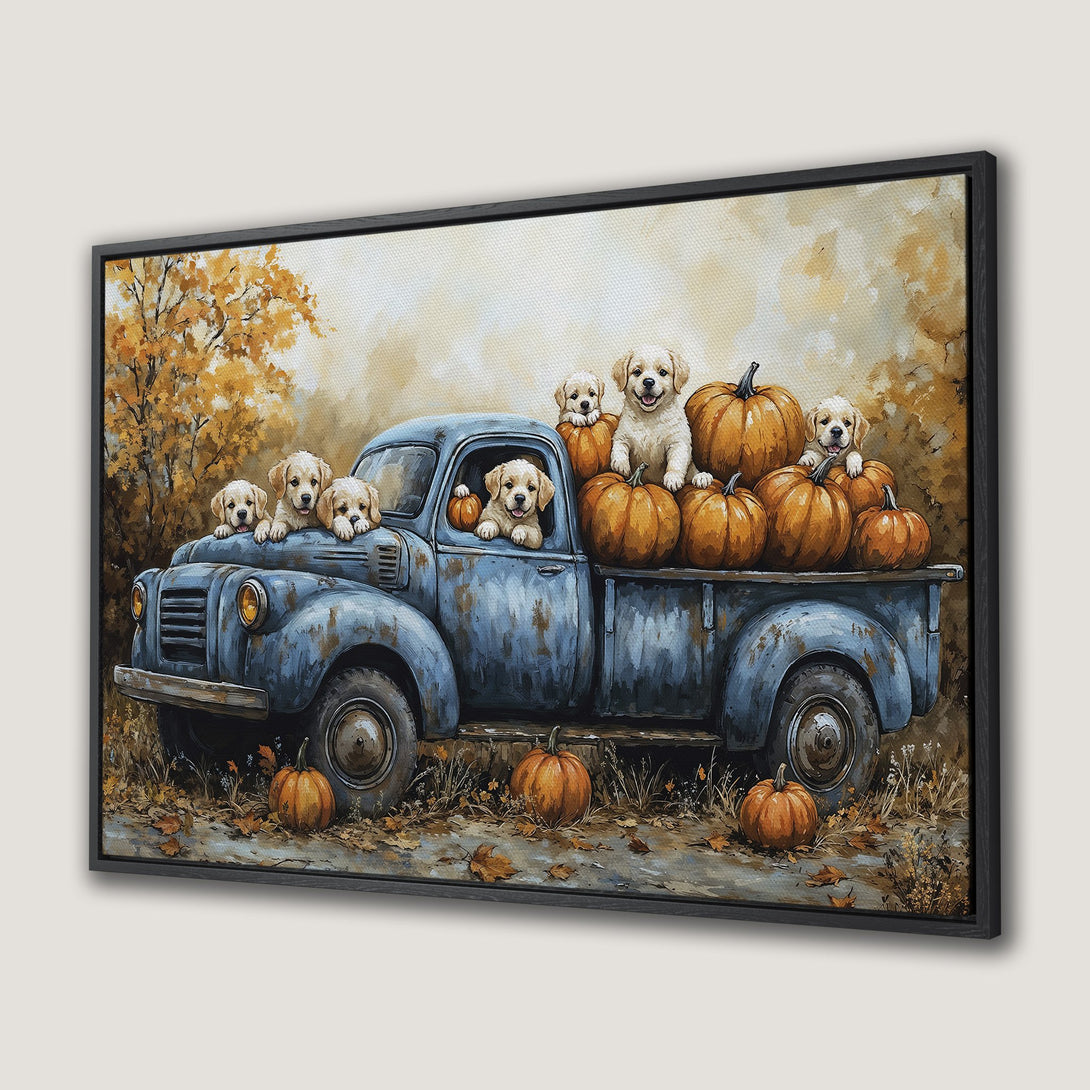 Framed Wall Art: Adorable puppies in a vintage blue truck with pumpkins. Warm autumn colors and charming rustic style. Perfect fall decor!