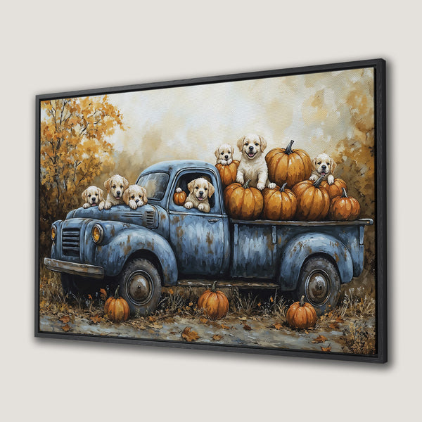 Framed Wall Art: Adorable puppies in a vintage blue truck with pumpkins. Warm autumn colors and charming rustic style. Perfect fall decor!