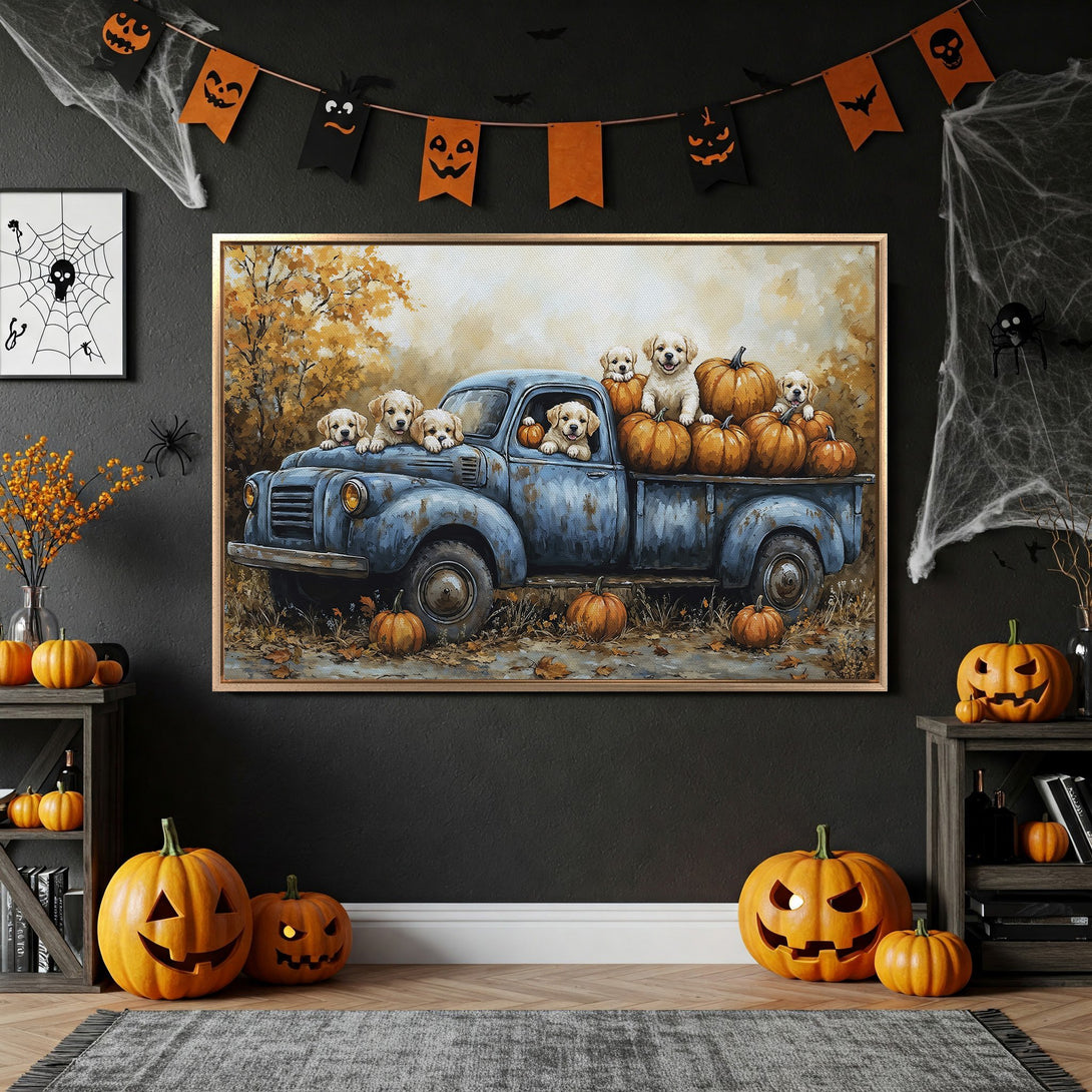 Framed Wall Art: Adorable puppies in a vintage blue truck with pumpkins, autumn colors. Perfect Halloween decor for your home!