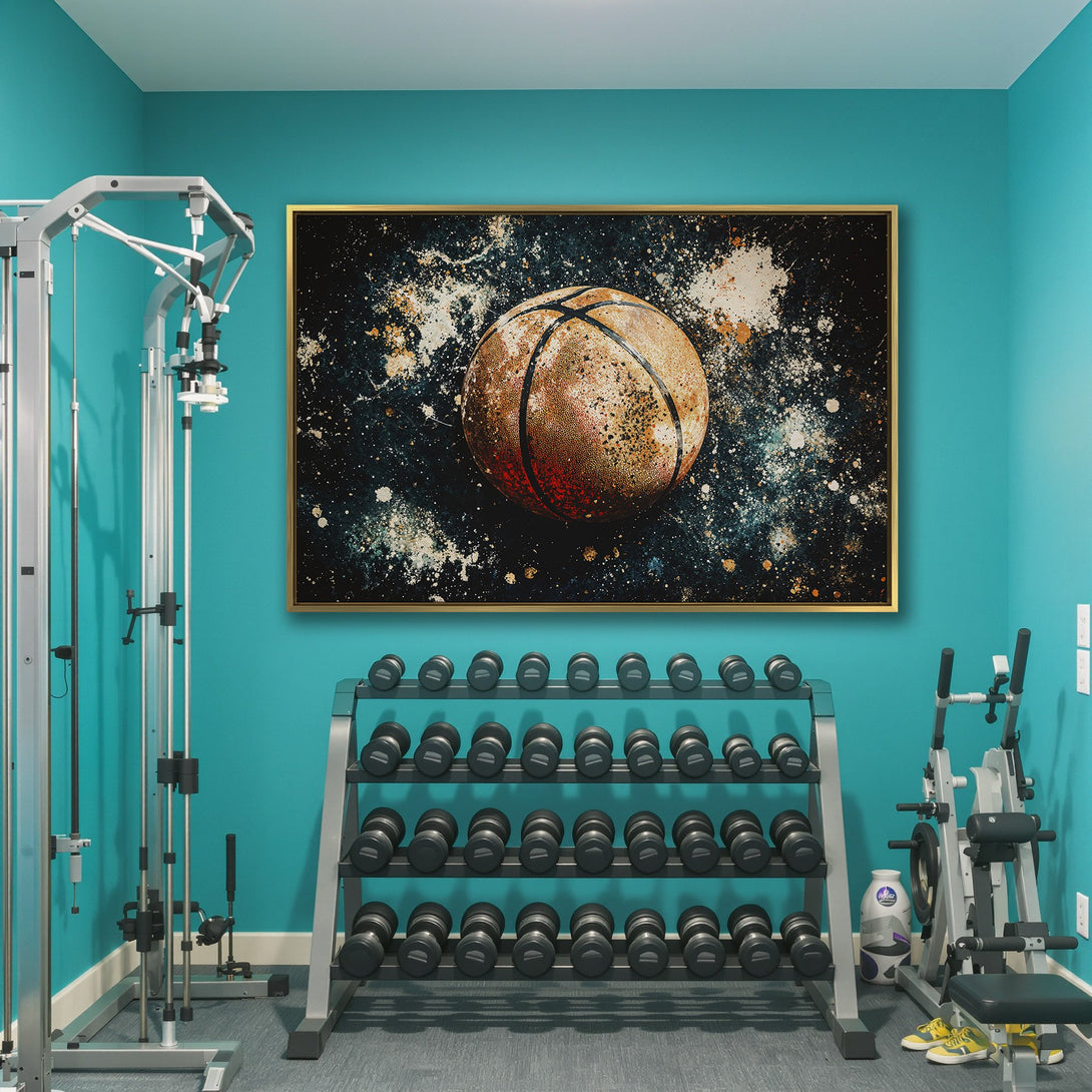 Canvas Print of a basketball in an abstract style with a teal, orange, and white color palette. Perfect wall art for a gym or sports-themed space.