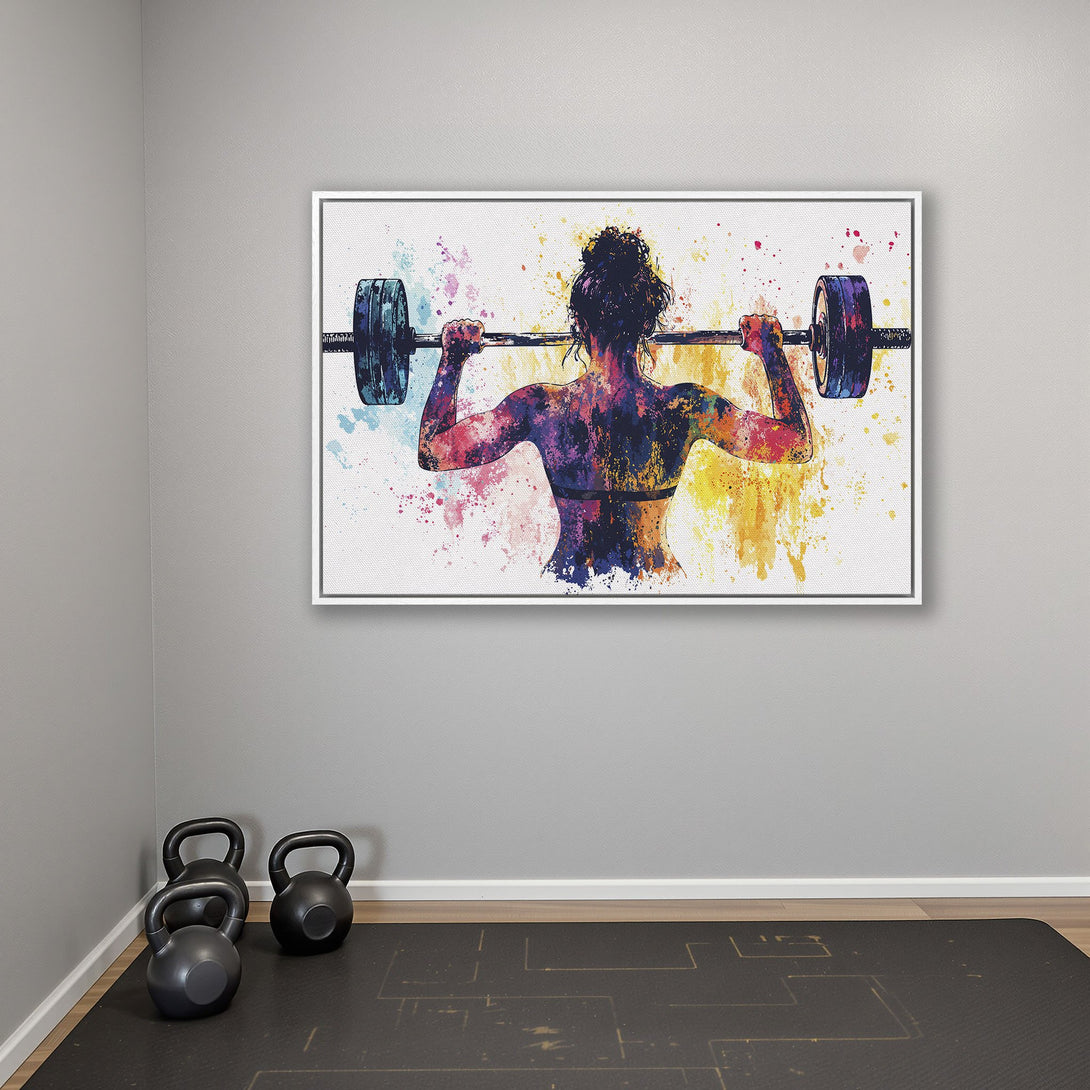 Framed Wall Art: Watercolor Canvas Print of woman lifting weights. Vibrant colors and artistic style perfect for home gym decor.