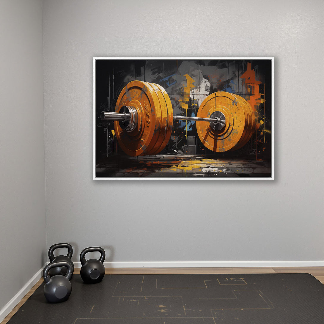 Framed Wall Art: Abstract barbell art in orange and black. Modern gym decor, perfect for home or fitness studio. Add a bold statement to your space!