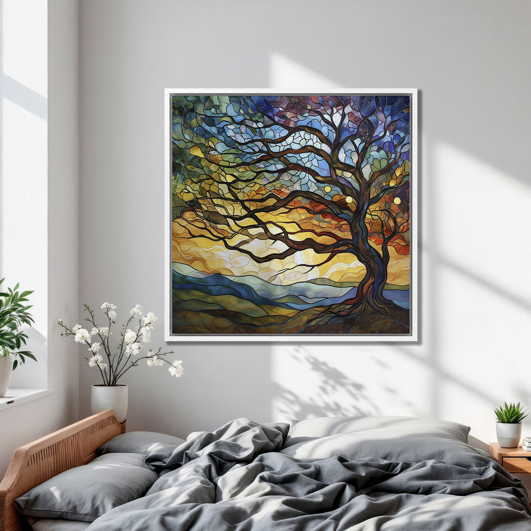 Framed Wall Art: Stained glass tree art in a bedroom with a warm color palette. Perfect for modern home decor.