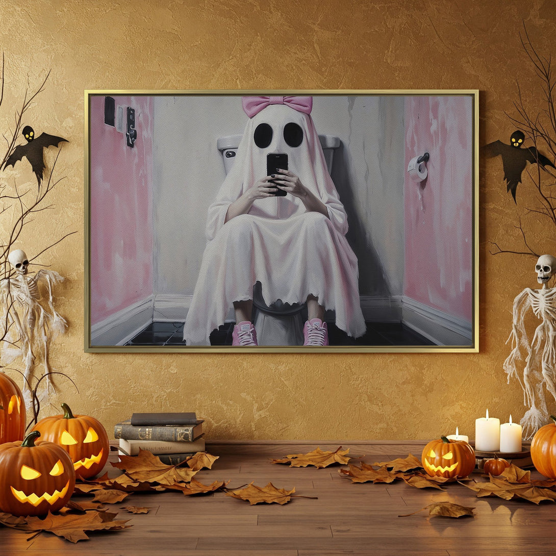 Canvas Print of a ghost on the toilet, Halloween decor with orange and black accents, perfect for spooky season.