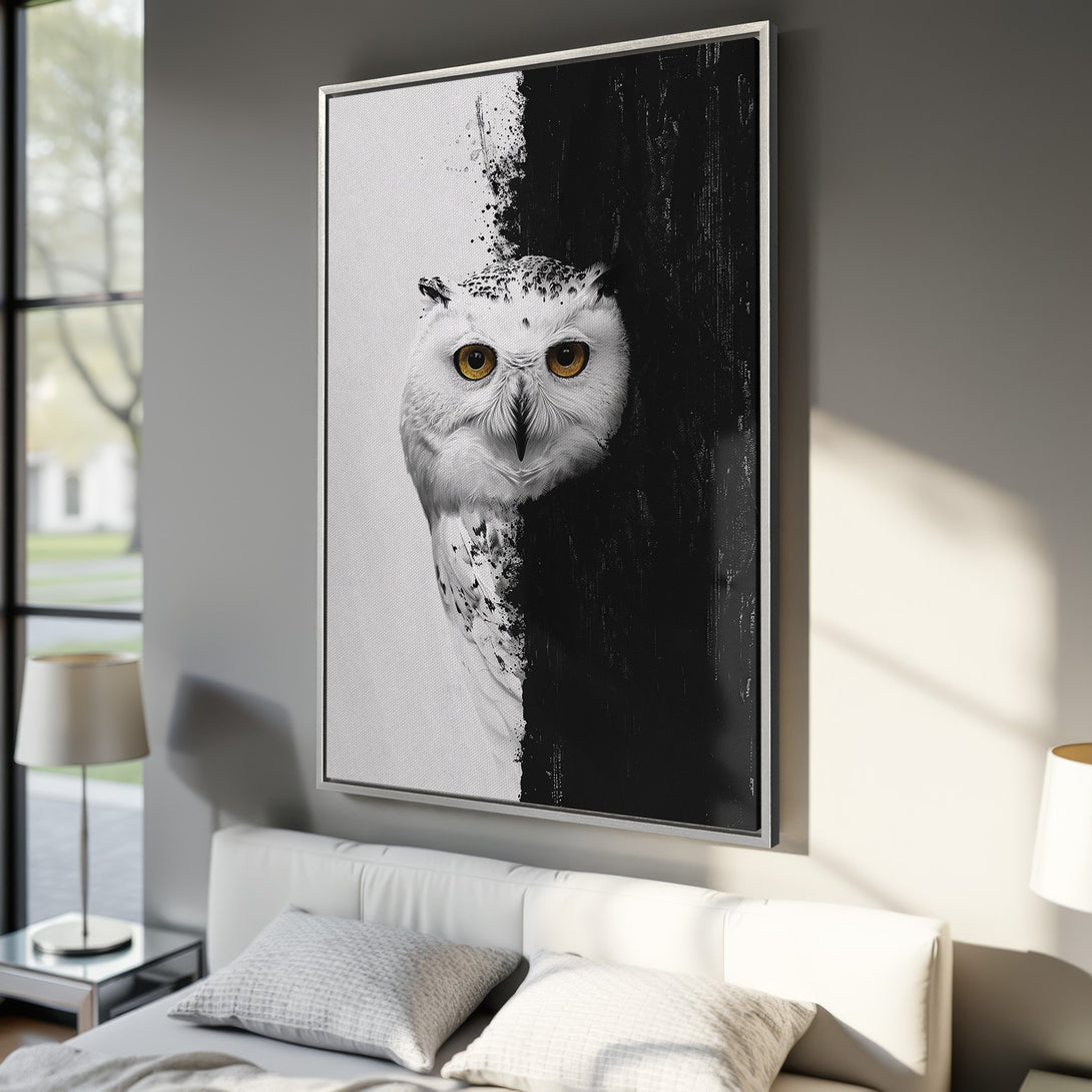 Framed Wall Art: Abstract owl portrait in black, white, & gold. Modern canvas print for bedroom decor. Shop unique wall art for your home!