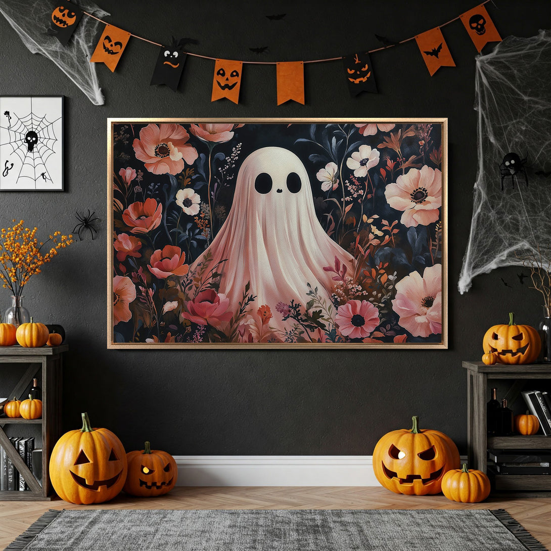 Framed Wall Art: Whimsical ghost artwork with floral background, perfect for Halloween decor. Features pink, red, and dark green hues. Add spooky charm to your home!