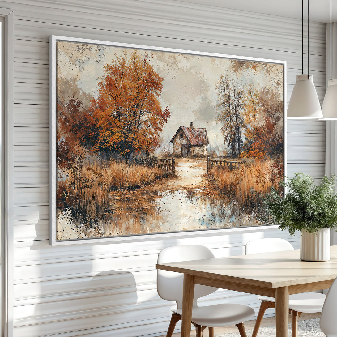 Framed Wall Art: Autumn landscape Canvas Print with warm orange and brown tones, perfect for adding cozy style to your home decor.