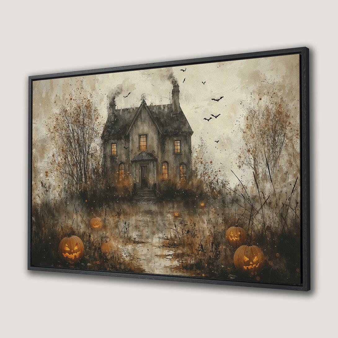 Framed Wall Art: Spooky Halloween scene with haunted house and glowing pumpkins. Watercolor style, autumnal color palette. Perfect for fall decor!