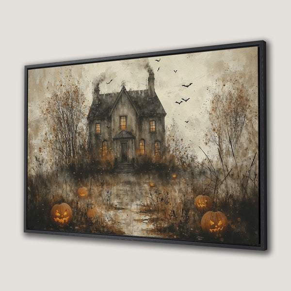 Framed Wall Art: Spooky Halloween scene with haunted house and glowing pumpkins. Watercolor style, autumnal color palette. Perfect for fall decor!
