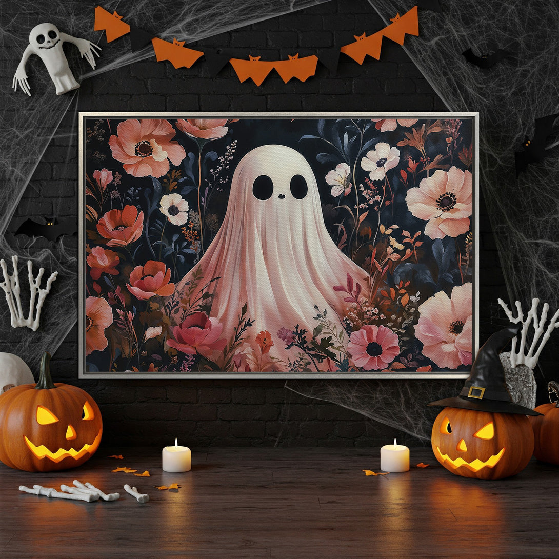 Framed Wall Art: Whimsical ghost art in a floral setting. Halloween-themed canvas print with a dark, moody color palette and a touch of spooky charm.