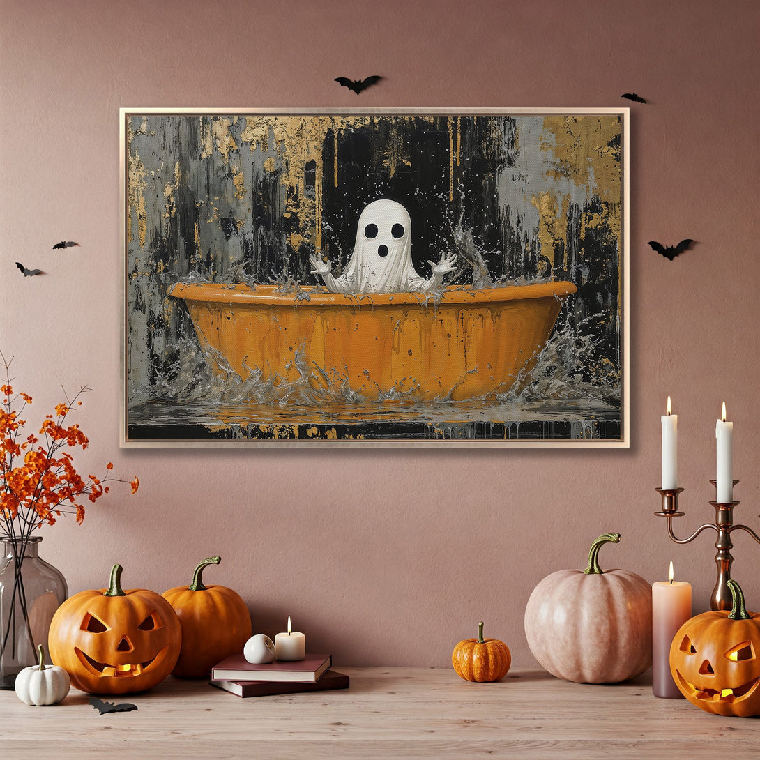 Framed Wall Art: Spooky ghost in a bathtub with abstract art, gold, black, and orange palette. Perfect Halloween decor for your home!