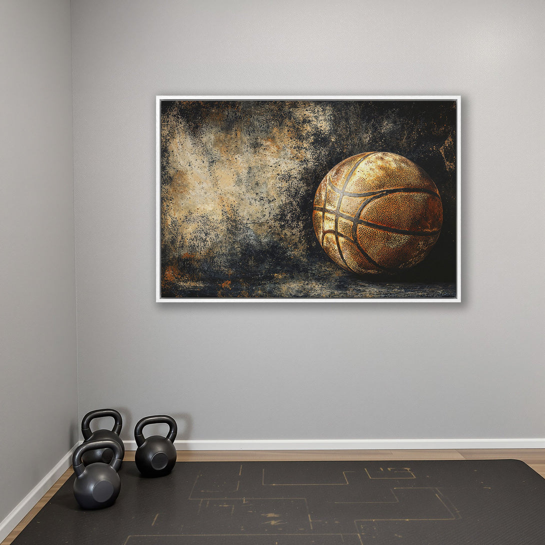 Framed Wall Art: Abstract basketball art in a rustic style with a warm, earthy color palette. Perfect for home gyms and sports enthusiasts.