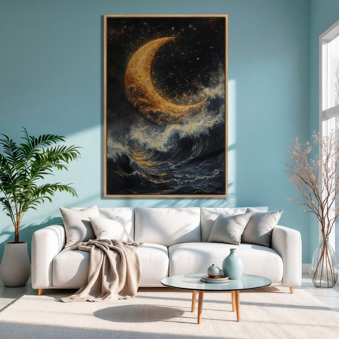 Framed Wall Art featuring a celestial moon over ocean waves, in a dramatic, textured style with gold, black, and blue tones. Elevate your space!