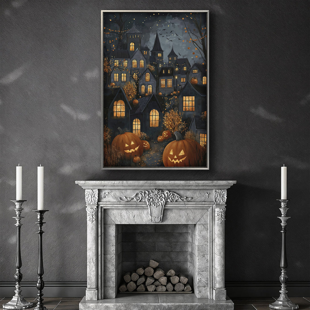 Framed Wall Art: Spooky Halloween town scene with pumpkins, houses, and a dark, moody color palette. Perfect for seasonal decor.