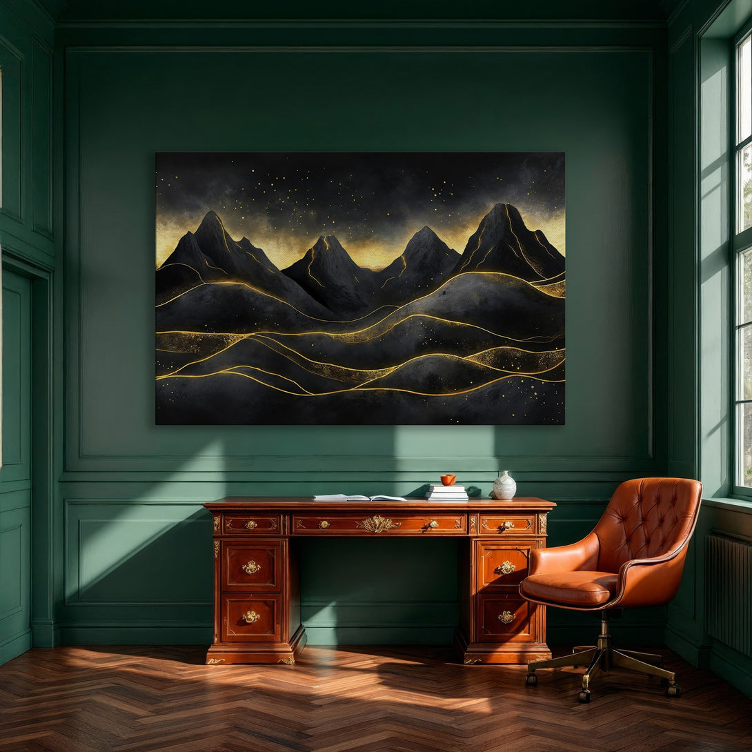 Framed Wall Art: Abstract mountain landscape in black and gold. Modern Canvas Print adds a touch of luxury to any dining room decor.
