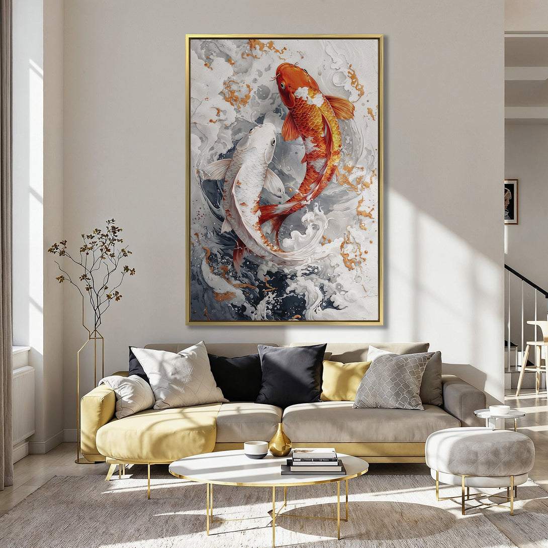 Canvas Print of koi fish in abstract style, featuring orange, white, and grey tones. Perfect wall art for a serene home.