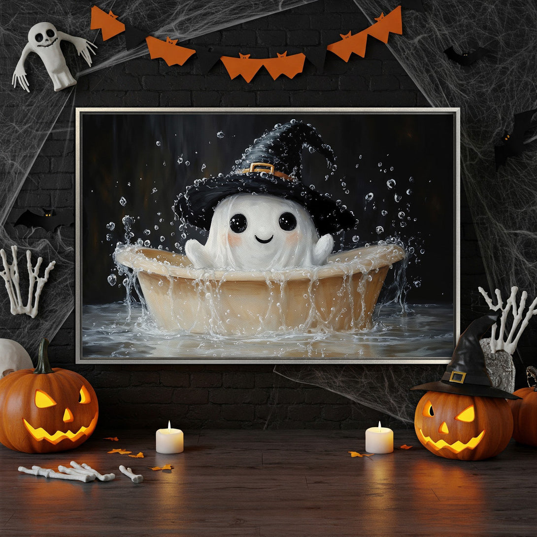Framed Wall Art: Cute ghost in a witch hat taking a bath. Halloween decor with black, orange, and white color palette. Perfect for spooky season!