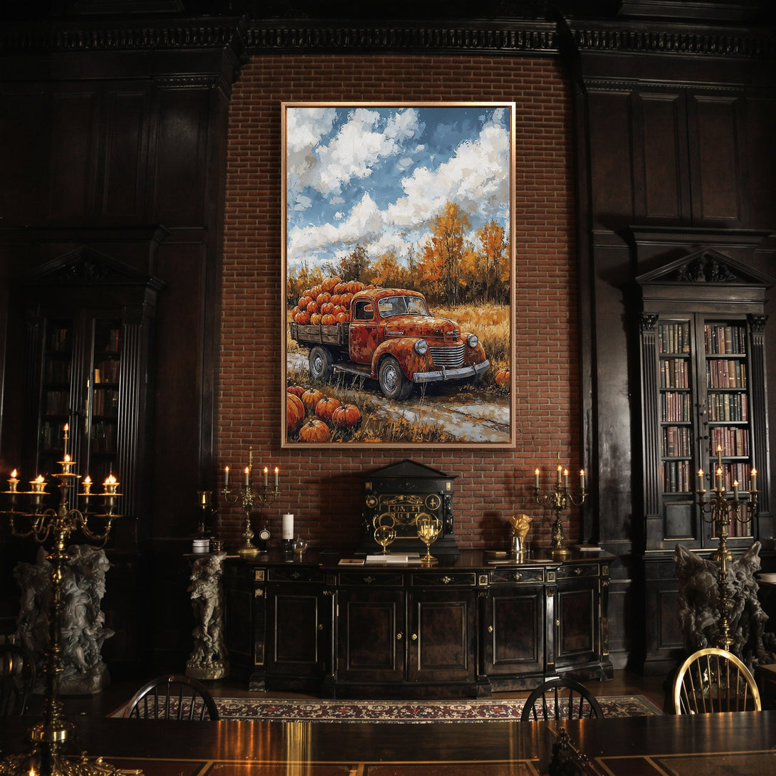 Framed Wall Art: Rustic autumn scene with a vintage truck filled with pumpkins, displayed in a classic, dark interior. Warm orange and blue hues.
