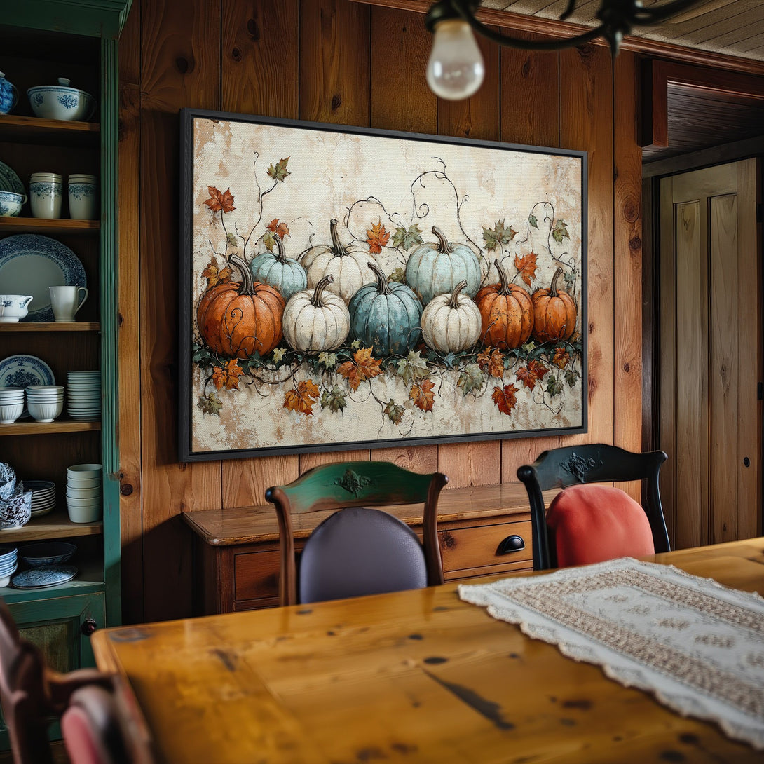 Framed Wall Art featuring pumpkins in warm autumn colors. Rustic style canvas print perfect for fall decor.