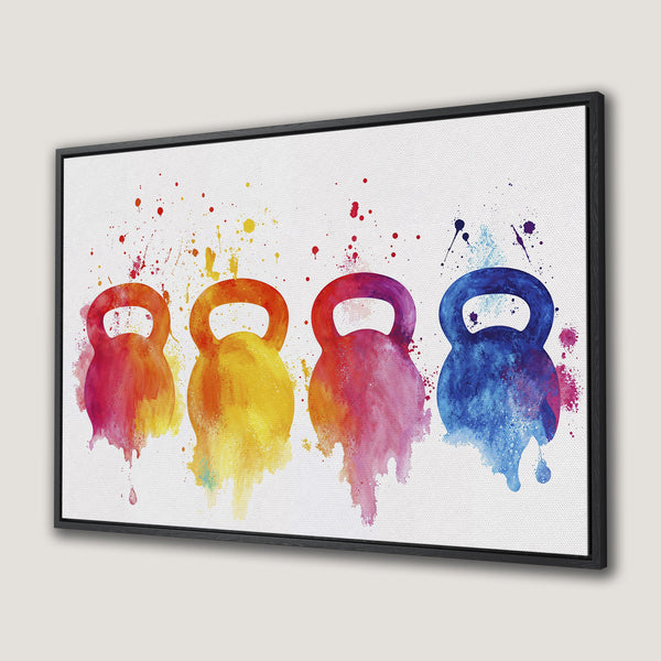 Framed Wall Art: Watercolor kettlebell print in vibrant rainbow colors. Perfect gym decor or fitness gift. Add a pop of color to your space!