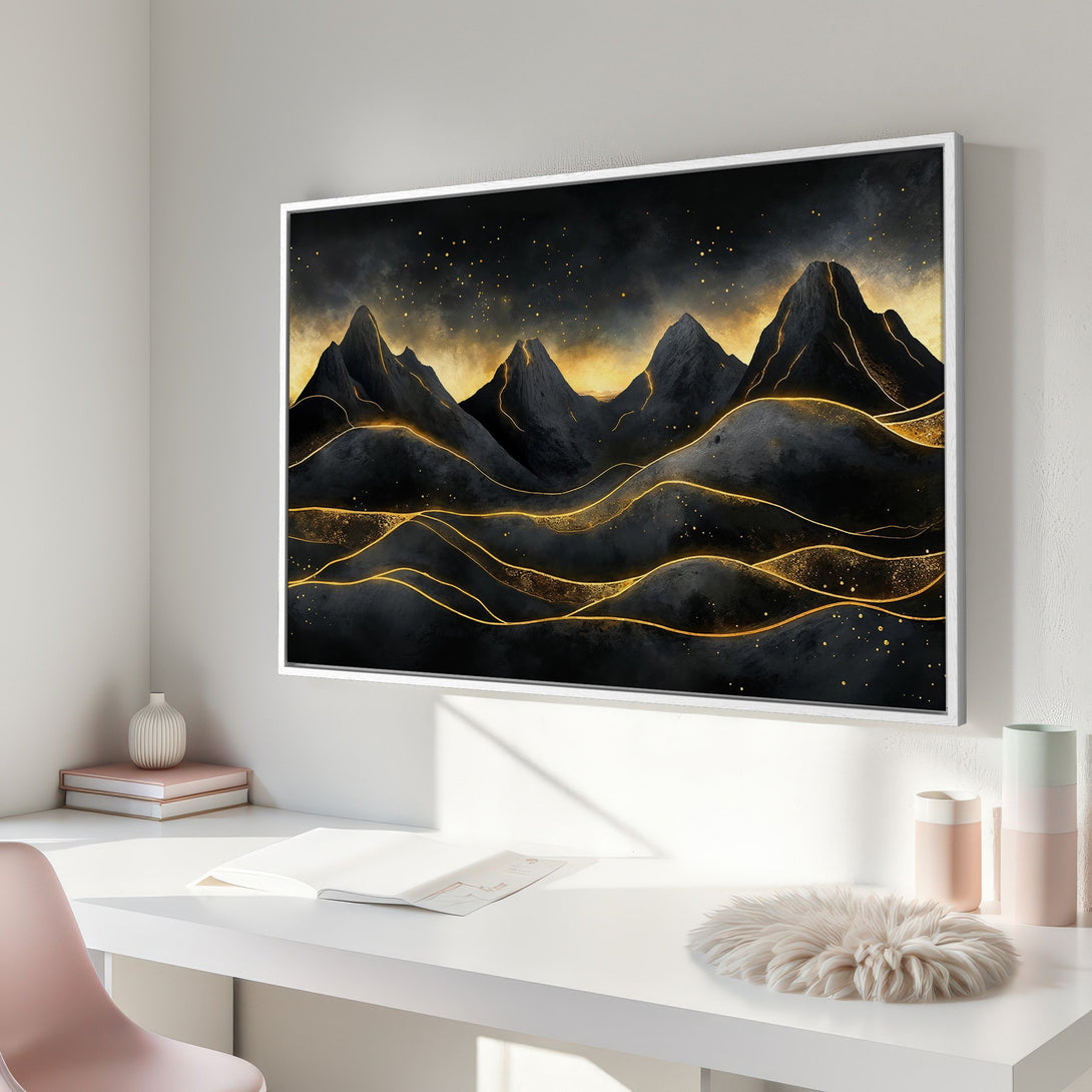 Framed Wall Art: Abstract mountain landscape Canvas Print in black and gold. Modern art for your home.