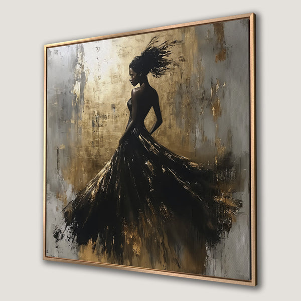 Framed Wall Art featuring an elegant woman in a flowing black dress. Abstract style with a gold, black, and gray color palette. Perfect for modern decor.