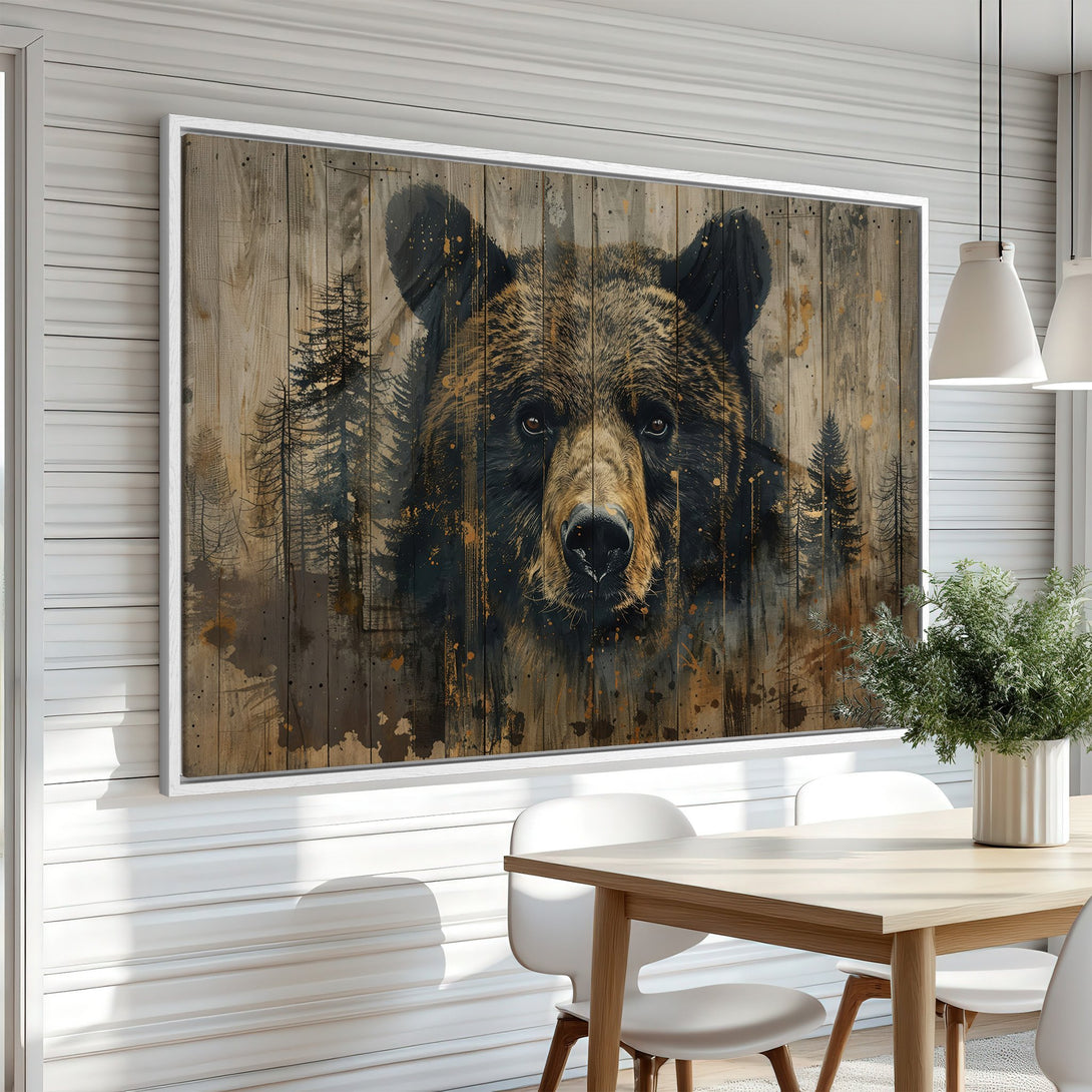Framed Wall Art featuring a majestic bear in a rustic, watercolor style. Earthy tones of brown, black, and gold create a warm and inviting aesthetic.