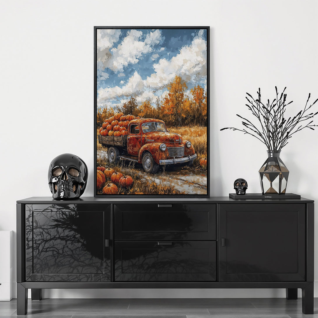 Framed Wall Art: Rustic autumn scene with a vintage truck filled with pumpkins. Warm orange, yellow, and blue color palette. Perfect fall decor.