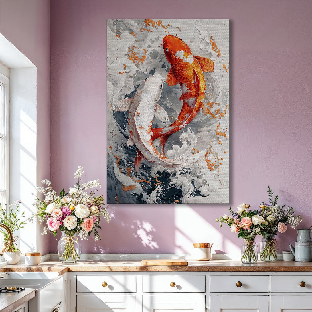 Framed Wall Art featuring koi fish in a modern, abstract style with orange, white, and gray tones. Perfect wall decor for a living room.