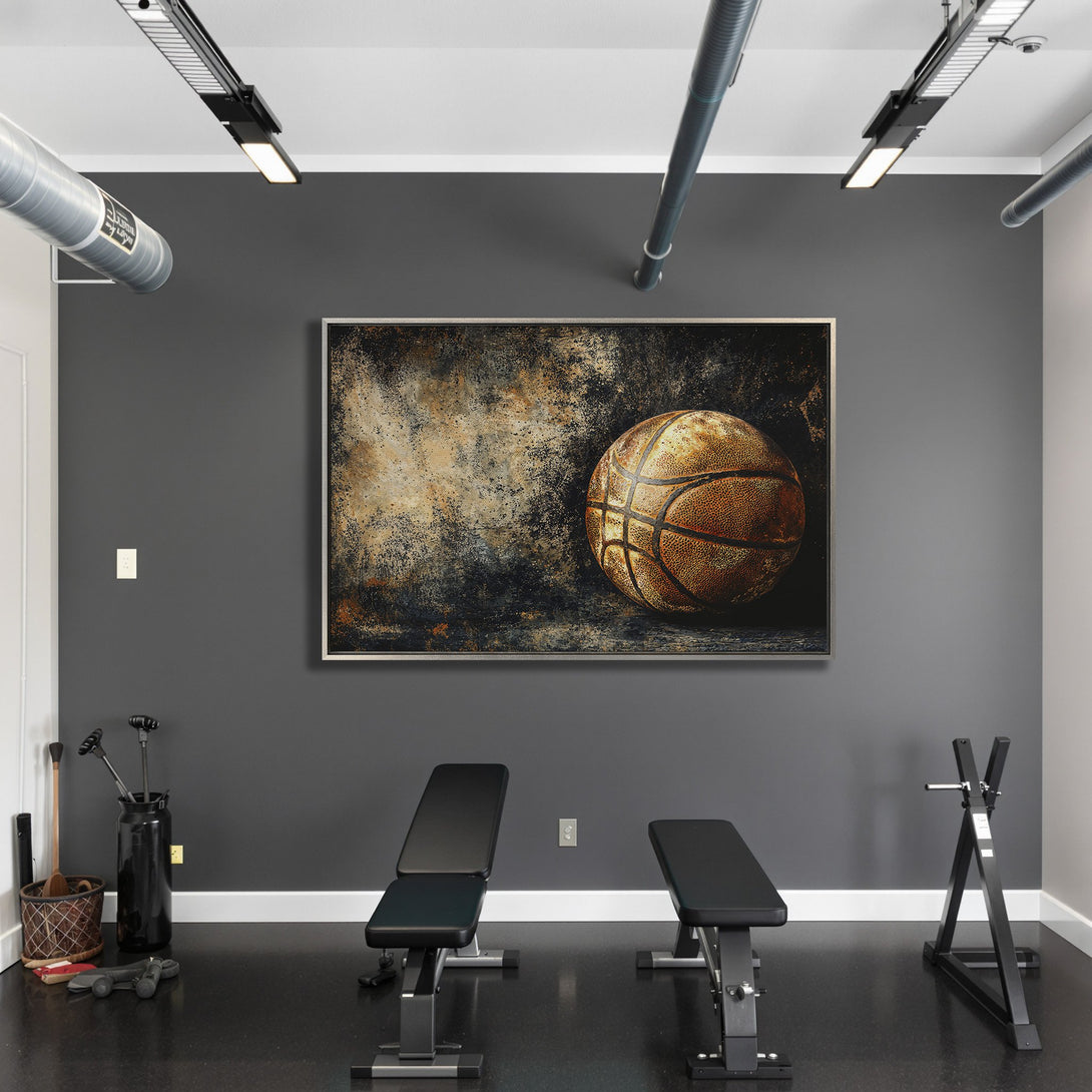 Framed Wall Art of a vintage basketball in a grunge style, warm brown and black tones. Perfect for a modern gym or sports-themed space.