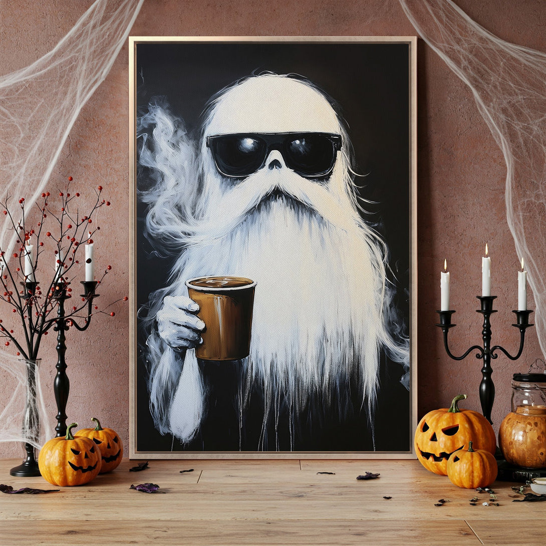 Framed Wall Art: Spooky ghost with sunglasses, holding coffee, in black & white. Perfect Halloween decor! Add a touch of eerie cool to your space.