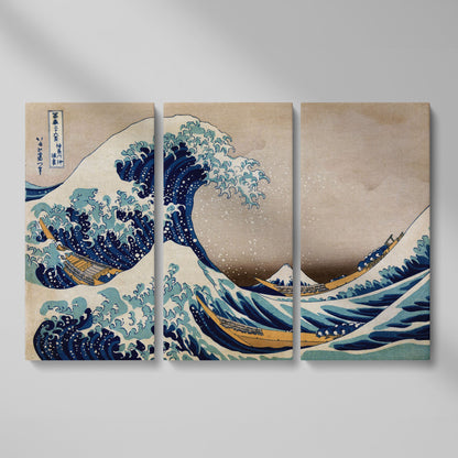 The Great Wave off Kanagawa. Hokusai Canvas Wall Art as 3-panel split version