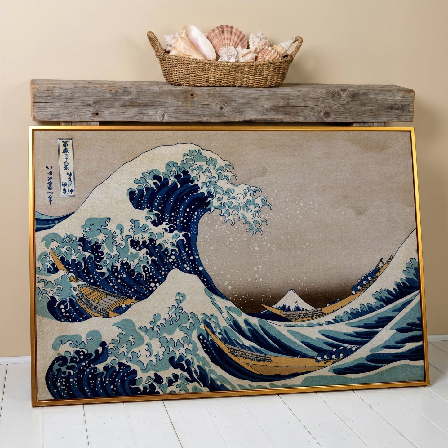 The Great Wave off Kanagawa. Hokusai Canvas Wall Art in antique gold floating frame