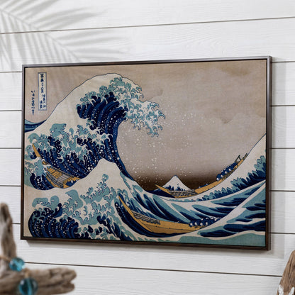 The Great Wave off Kanagawa. Hokusai Canvas Wall Art in dark walnut floating frame