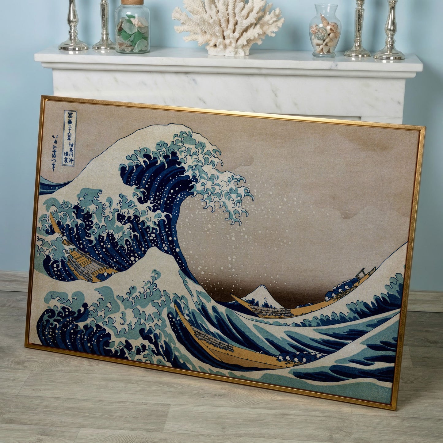The Great Wave off Kanagawa. Hokusai Canvas Wall Art in rose gold floating frame