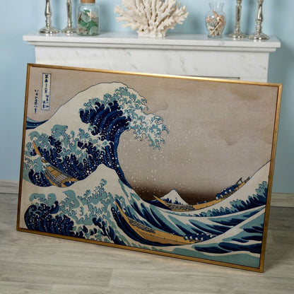 The Great Wave off Kanagawa. Hokusai Canvas Wall Art in rose gold floating frame