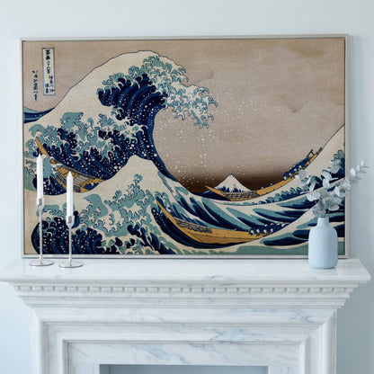 The Great Wave off Kanagawa. Hokusai Canvas Wall Art in silver floating frame