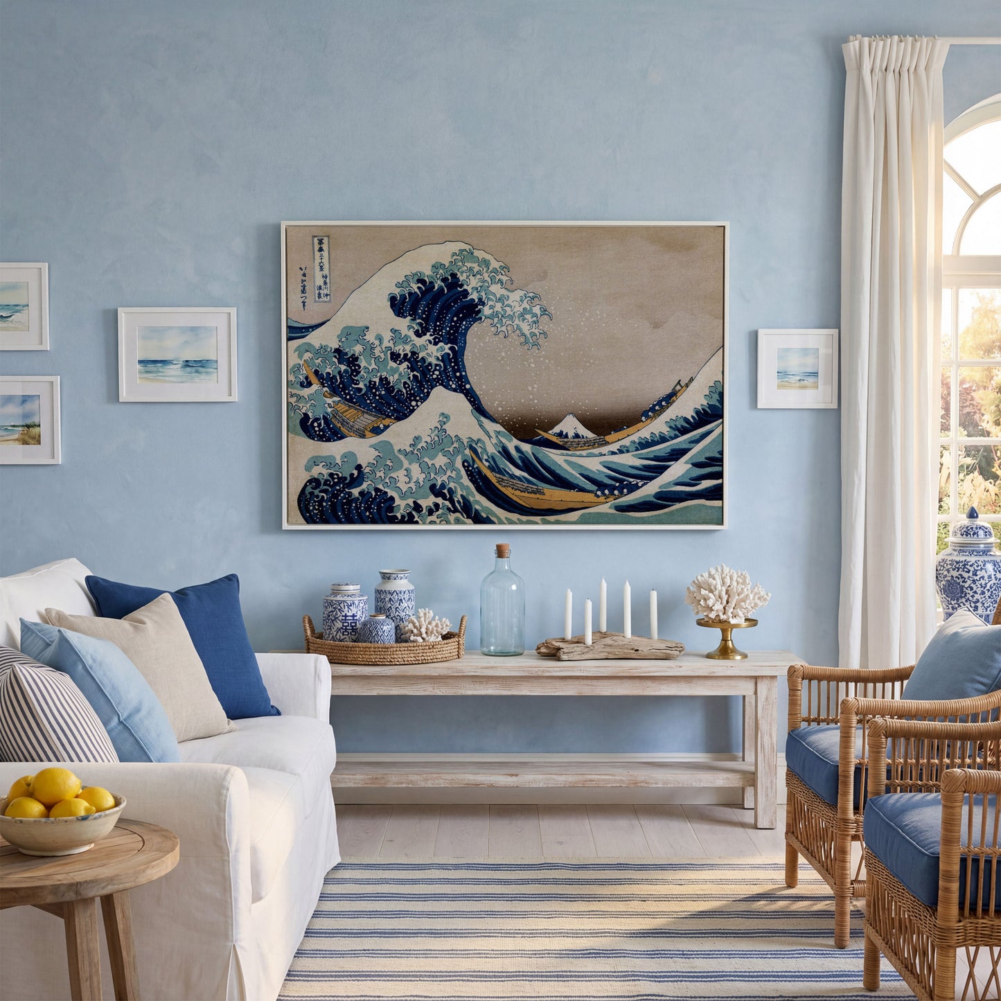 The Great Wave off Kanagawa. Hokusai Canvas Wall Art in white floating frame