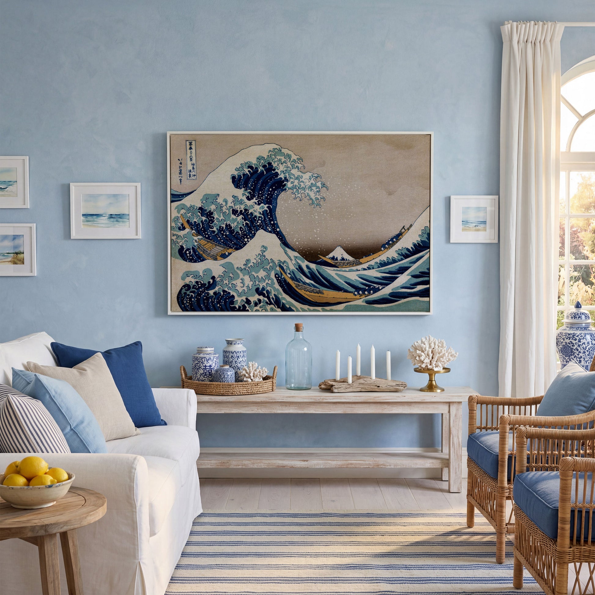 The Great Wave off Kanagawa. Hokusai Canvas Wall Art in white floating frame
