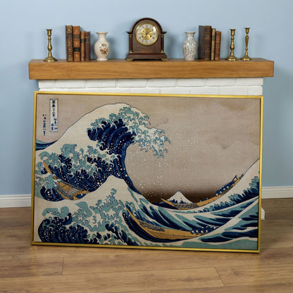The Great Wave off Kanagawa. Hokusai Canvas Wall Art in yellow gold floating frame